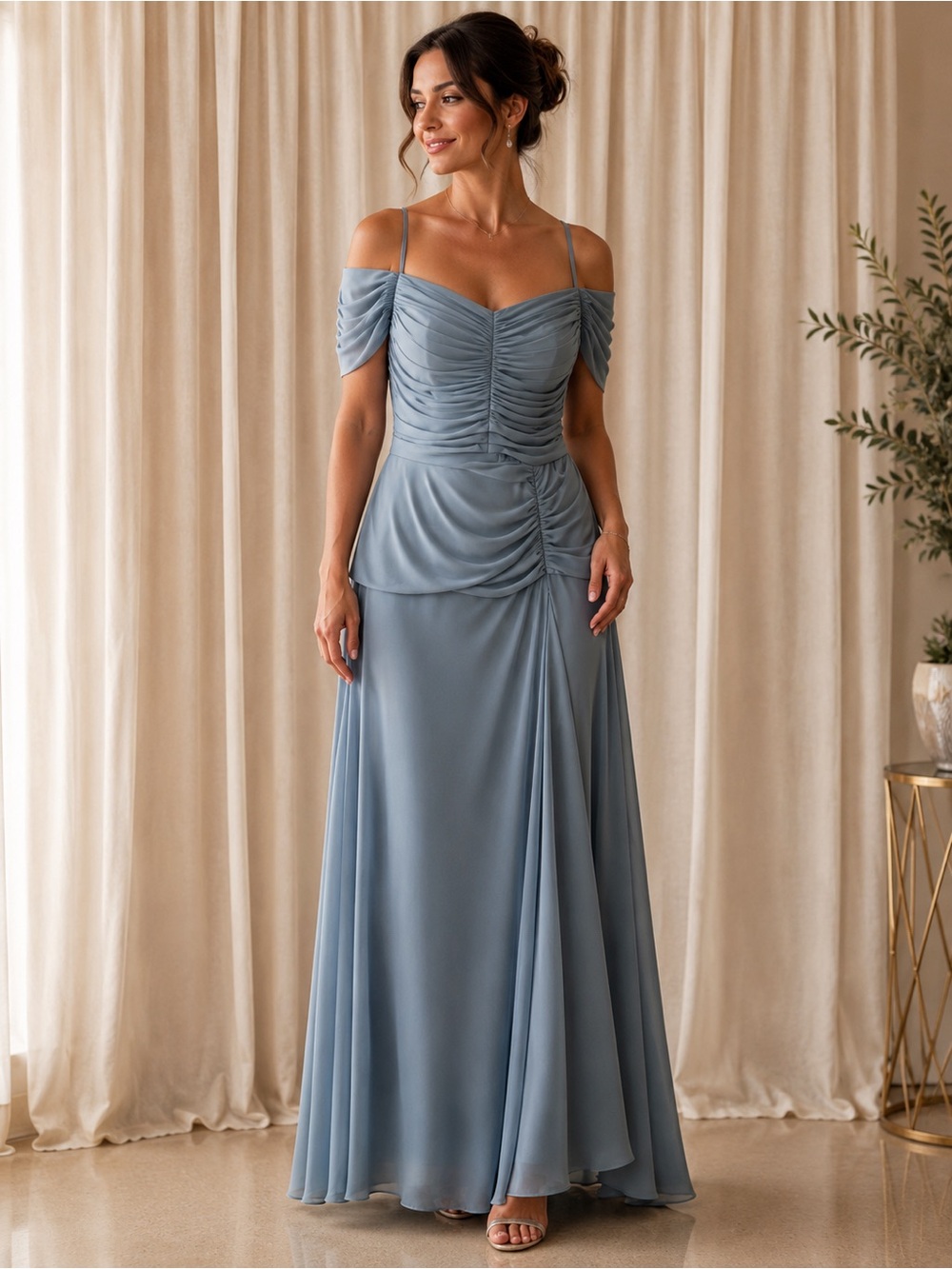 Mother of the bride Grey Off-Shoulder Ruched  Dress with a scarf